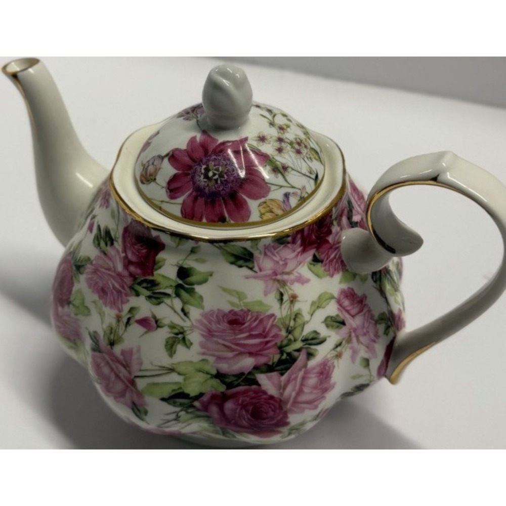 Porcelain Floral Teapot with Pink Roses Gold Trim Lid Glossy White Pink Green